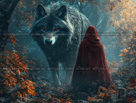 A fantasy forest scene with a strong cinematic contrast. A huge wolf with flaming eyes stands opposite a figure in a scarlet hood, personifying Little Red Riding Hood. The atmosphere is mystical, fairy-tale-like, with elements of dark fantasy. Bright autumn leaves and fog add depth and tension. Perfect for themes related to fairy tales, mysticism, fantasy art, fears and archetypes. Стоковое AI-изображение, AI-художник Анна Кривицкая / Фотобанк Лори