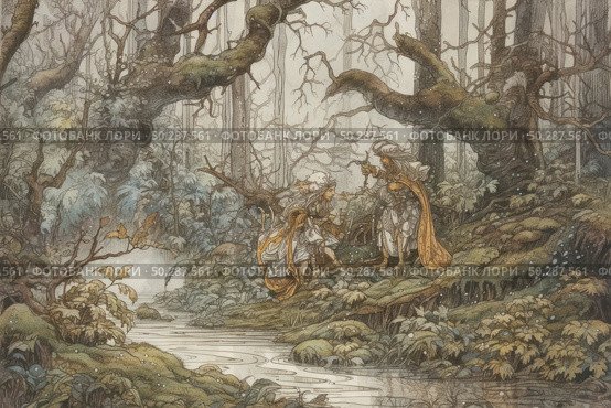 A fantasy illustration in a fairy tale style depicts two characters in rich medieval clothing meeting in a dense, mysterious forest. One of them is bowing to the other, as if asking for advice or help. Decorative detailing, twisting trees, moss, ferns and soft lighting create an atmosphere of magic, mystery and ancient legend. The scene is reminiscent of old fairy tales, epics or works in the spirit of Tove Jansson and Arthur Rackham. Suitable for fantasy themes, book illustrations, board games, art prints and visual storytelling. Стоковое AI-изображение, AI-художник Анна Кривицкая / Фотобанк Лори