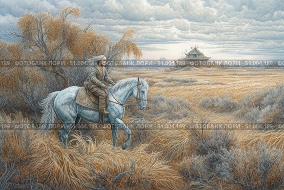 A fantasy scene in the spirit of the eastern steppes: a warrior in traditional costume rides a white horse across a golden windy field. Behind are snow-capped mountains and a majestic wooden building, similar to a fortress or a palace. The illustration is filled with a sense of the path, determination and freedom. Soft pastel colors, fine detailing of the horse's fur, grass and clouds create an atmosphere of fairy-tale realism. Ideal for book design, games, covers, posters, cards and design projects in the fantasy and ethnic genres. Стоковое AI-изображение, AI-художник Анна Кривицкая / Фотобанк Лори