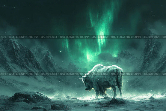 A fantasy-style image of a majestic bison or yak standing on a snowy plain surrounded by rugged mountains. The backdrop is a mesmerizing aurora borealis, casting a green and turquoise glow across the night sky. The painting conveys an atmosphere of mystery and the power of nature. The night scene with its magical glow highlights the majesty of the animal and the ruggedness of the surrounding nature, creating the effect of immersion in a world of fantasy and mysticism. Стоковое AI-изображение, AI-художник Анна Кривицкая / Фотобанк Лори