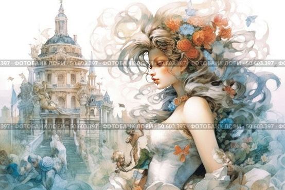 A fantasy watercolor illustration in a romantic style. In the center is a graceful girl with long flowing hair, decorated with flowers, butterflies and leaves. Her image embodies spring, inspiration and tenderness. In the background is a majestic palace with domes and towers in the Baroque style, surrounded by ephemeral figures resembling dancing angels or spirits. The color scheme is light, pastel, with a predominance of blue, cream and pink tones. Ideal for themes of fantasy, romance, fairy tales, nature and a dreamy mood. Стоковое AI-изображение, AI-художник Анна Кривицкая / Фотобанк Лори