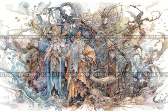 A fantasy watercolor illustration of three wizards surrounded by mystical creatures and elements of nature. The wizards are dressed in ancient robes with long beards, staffs and headdresses, as if they came out of an ancient legend. Around them are fantastic animals, swirling smoky patterns, tree entities and magical birds. The image is filled with a fairy-tale atmosphere and details that refer to the worlds of epic fantasy. Ideal for book covers, card games, posters and tabletop RPGs. Стоковое AI-изображение, AI-художник Анна Кривицкая / Фотобанк Лори