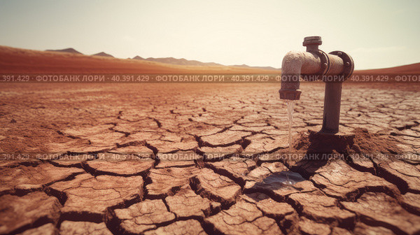 A faucet from which a drop of water drips onto the soil cracked by drought. The concept of abnormal heat and drought on the planet earth. AI generated. Стоковое AI-изображение, AI-художник ALLA YURTAYEVA / Фотобанк Лори