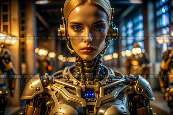 A female cyborg robot. Integration of technology and human interaction. Robotization of production. Artificial intelligence, the Internet and digital technologies of the future. Стоковое AI-изображение, AI-художник Photojuli / Фотобанк Лори