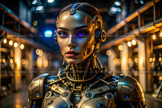 A female cyborg robot. Integration of technology and human interaction. Robotization of production. Artificial intelligence, the Internet and digital technologies of the future. Стоковое AI-изображение, AI-художник Photojuli / Фотобанк Лори