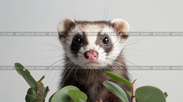 A ferret peers out with bright eyes surrounded by green foliage, showcasing its inquisitive nature. Стоковое AI-изображение, AI-художник Данила Большаков / Фотобанк Лори