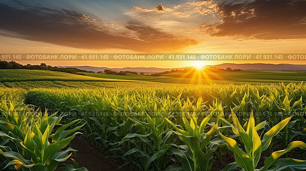 A field of corn in the rays of the setting sun. Modern agricultural technologies. The concept of modern crop production. Generated by AI. Стоковое AI-изображение, AI-художник Ярославский Максим / Фотобанк Лори