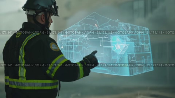 A firefighter manages the scene of an emergency filled with smoke in a city setting. Стоковое AI-видео, аниматор Данила Большаков / Фотобанк Лори
