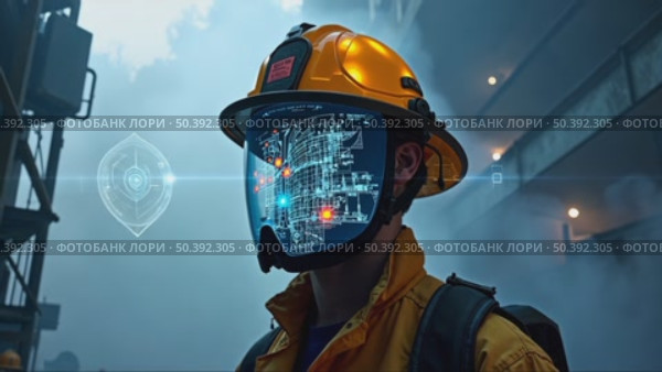 A firefighter's helmet AI overlays structural analysis and building house blueprint plan across smoke-filled corridors, emergency concept. Стоковое AI-видео, аниматор Sergey Grishin / Фотобанк Лори