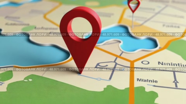 A flat-shaded 3D location pin icon with subtle parallax effect, bright red, hovering over a minimalist map. destination point, geo tracking navigation system. Стоковое AI-видео, аниматор Sergey Grishin / Фотобанк Лори