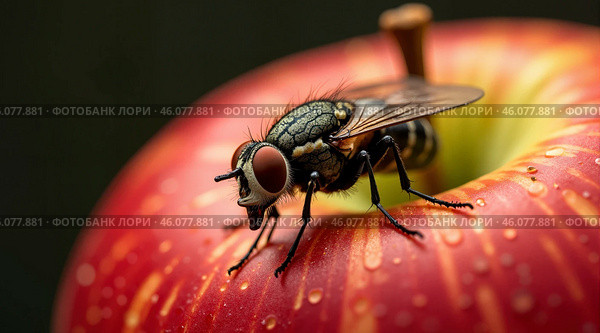 A fly is on top of an apple. Стоковое AI-изображение, AI-художник Виктория Кольцова / Фотобанк Лори