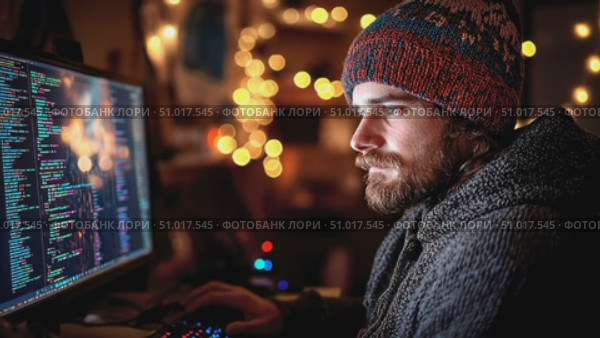 A focused individual writes code on a computer during a late-night session in a warmly lit environment. Стоковое AI-видео, аниматор Данила Большаков / Фотобанк Лори
