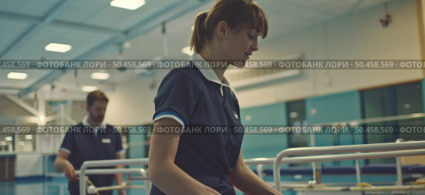 A focused young female nurse in blue scrubs proceeds through a hospital corridor, with a male colleague in the background. Стоковое AI-изображение, AI-художник Данила Большаков / Фотобанк Лори
