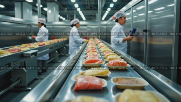 A food processing plant, with stainless steel conveyor belts carrying packaged goods, workers in hairnets monitoring the line under bright light. Стоковое AI-видео, аниматор Sergey Grishin / Фотобанк Лори
