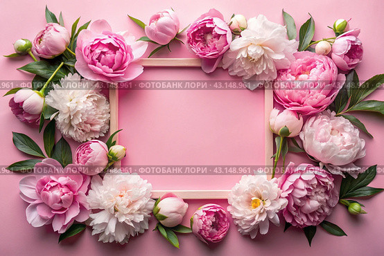 A frame with beautiful peony flowers on a pastel pink background. Flat layout, top view, place to copy, summer flowers. Стоковое AI-изображение, AI-художник Photojuli / Фотобанк Лори