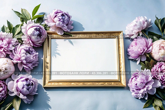 A frame with beautiful peony flowers on a pastel purple background. The layout of the apartment, top view, a place to copy, summer flowers. Стоковое AI-изображение, AI-художник Photojuli / Фотобанк Лори