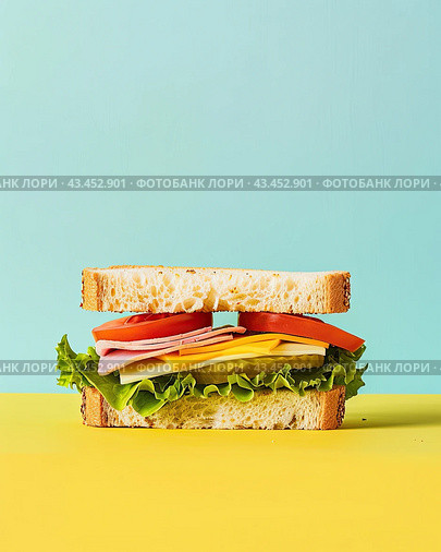 A fresh sandwich on a pastel background. The concept of freshness. Стоковое AI-изображение, AI-художник Ярославский Максим / Фотобанк Лори