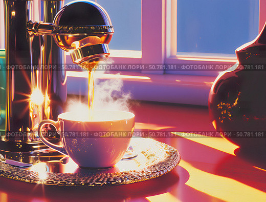 A freshly brewed cup of coffee is poured from an espresso machine in a well-lit kitchen. Sunlight filters through the window, creating a warm atmosphere. Steam rises, enhancing the aroma. Стоковое AI-изображение, AI-художник Анна Сивакова / Фотобанк Лори