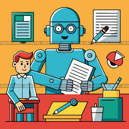 A friendly robot assists a human worker in completing tasks. Both are sitting at a desk with various office supplies. This illustration represents collaboration between humans and AI in the workplace. Стоковая иллюстрация, агентство Ingram Publishing / Фотобанк Лори
