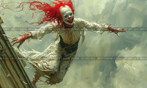 A frightening and expressive image of a clown with scarlet hair flying through the air like flames. He is dressed in an old-fashioned white dress with a dark corset that looks tattered and dirty. The clown flies or falls from a height against a blurry, disturbing sky. His face is painted white with bright red accents around the eyes and mouth, and his smile is wide but ominous. Red threads or splashes extend from his hands and clothes, giving the scene a sense of horror and chaos. This combination of theatricality, flight, and anxiety creates a powerful visual effect. Стоковое AI-изображение, AI-художник Анна Кривицкая / Фотобанк Лори
