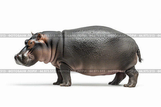 A full-body profile view of a pygmy hippopotamus, standing isolated on a white background. Стоковое AI-изображение, AI-художник Veniamin Kraskov / Фотобанк Лори