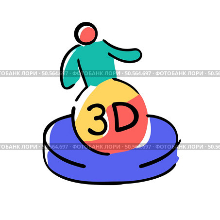 A fun and colorful illustration of a person standing on top of a 3D sphere. representing the concept of 3D technology or virtual reality. Perfect for websites. presentations. and social media posts. Стоковая иллюстрация, агентство Ingram Publishing / Фотобанк Лори