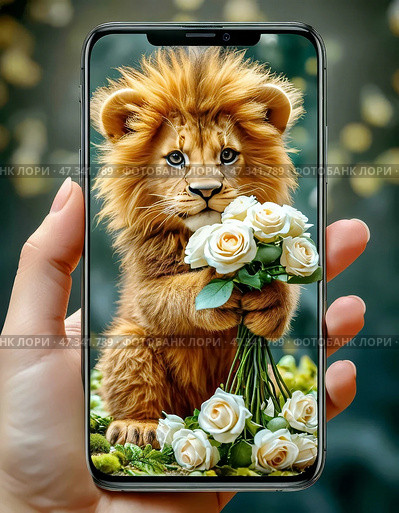 A funny shaggy lion cub gives a bouquet of bright roses, holding them out from the screen of a smartphone on a birthday. Стоковое AI-изображение, AI-художник Сергей Елизарьев / Фотобанк Лори