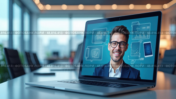 A futuristic 3D video call with floating screens and a blurred office background, representing remote meetings. Стоковое AI-изображение, AI-художник Sergey Grishin / Фотобанк Лори