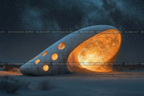 A futuristic building or structure in the shape of an organic object, reminiscent of a shell or an alien cocoon. It is located in a sandy desert under a starry night sky. The interior space glows with bright golden light that comes out through round windows, creating the effect of a living, breathing structure. The outer surface has a stone or metal texture, and the design itself looks like a combination of biomimetic architecture and science fiction. The atmosphere of the image is mysterious, cosmic and inspiring. Стоковое AI-изображение, AI-художник Анна Кривицкая / Фотобанк Лори