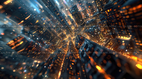 A futuristic cityscape fills the scene with an array of bright lights twinkling against the night sky, showcasing the hustle and bustle of urban life. Стоковое AI-изображение, AI-художник Данила Большаков / Фотобанк Лори