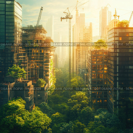 A futuristic cityscape that combines nature and modern architecture. Skyscrapers, partly covered with greenery, rise above the dense crowns of trees. Construction cranes are visible in the frame, symbolizing the process of eco-urban development. Soft sunlight creates an atmosphere of hope and a sustainable future. This illustration embodies the concept of a green city, a harmonious coexistence of nature and technology. Стоковое AI-изображение, AI-художник Анна Кривицкая / Фотобанк Лори