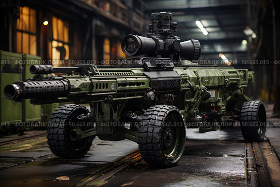 A futuristic combat device resembling a hybrid of a large-caliber gun and a military drone on a wheeled platform. The machine is made in green camouflage colors and is equipped with a powerful sight, numerous modules and a reinforced chassis. The action takes place in an industrial room with dim lighting, creating a tense, technogenic atmosphere. The image is ideal for the theme of future military technologies, defense, robotics and the weapons industry. Стоковое AI-изображение, AI-художник Анна Кривицкая / Фотобанк Лори