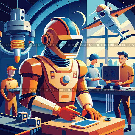 A futuristic illustration of a robot interacting with humans in a workshop setting. The robot. with a distinctive helmet design. is interacting with workers. showcasing the potential of artificial intelligence in modern workplaces. Стоковая иллюстрация, агентство Ingram Publishing / Фотобанк Лори
