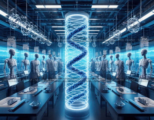 A futuristic lab with a large blue DNA strand in the middle. Стоковое AI-изображение, AI-художник Ярославский Максим / Фотобанк Лори