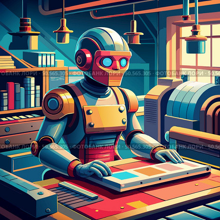 A futuristic robot with a sleek. colorful design operates a complex machinery. The robot is working in a workshop with a bookshelf. machines. and tools surrounding it.  The image captures the intersection of technology and industry. Стоковая иллюстрация, агентство Ingram Publishing / Фотобанк Лори