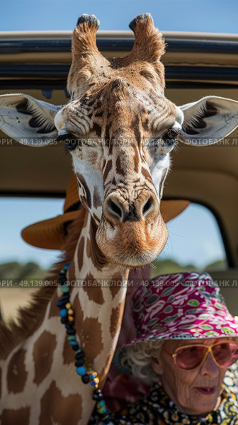 A giraffe extends its neck through a car window, curious and observant. Стоковое AI-изображение, AI-художник Данила Большаков / Фотобанк Лори