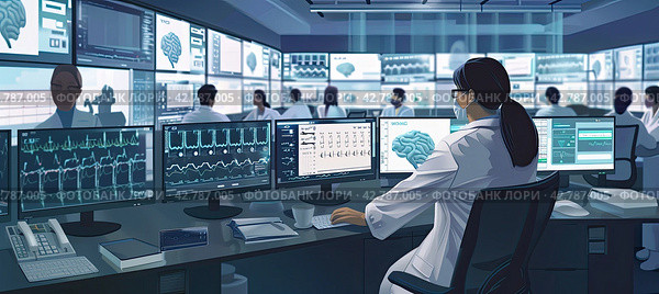 A girl doctor in a large diagnostic center sits on a chair in front of monitors. Panoramic banner. Стоковое AI-изображение, AI-художник Ярославский Максим / Фотобанк Лори