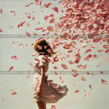 A girl in a light dress stands as pink petals swirl around her, painted in an oil style on a soft pastel background, evoking serenity and grace. Стоковое AI-изображение, AI-художник Александра Рублева / Фотобанк Лори