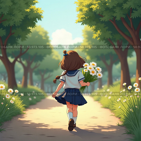 A girl in a school uniform, with a bouquet of flowers in her hand, goes to school, cartoon story. Стоковое AI-изображение, AI-художник Юлия Можина / Фотобанк Лори