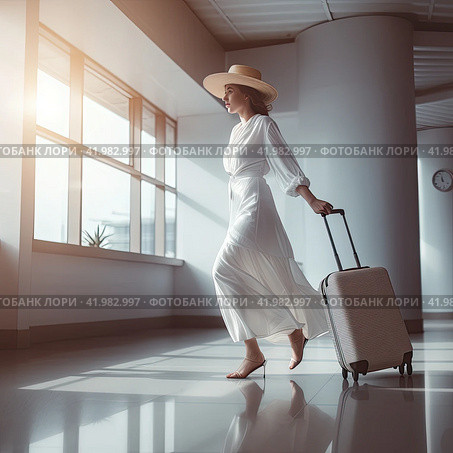 A girl in a white light traveling dress and carrying a gray suitcase is walking through the airport building. Side view. Generated by AI. Стоковое AI-изображение, AI-художник Ярославский Максим / Фотобанк Лори