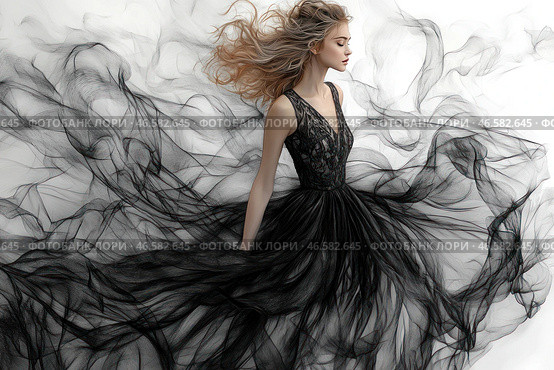 A girl in an elegant black dress made of light, airy fabric. The dress seems almost ghostly, creating the effect of a fine mist enveloping her figure. Her hair flutters in the wind, and her profile is graceful and refined. The background is white, which emphasizes the contrast between the dark dress and the lightness of the image. The visual style of the photograph is reminiscent of artistic fashion, combining elements of gothic, romantic and avant-garde. Стоковое AI-изображение, AI-художник Анна Кривицкая / Фотобанк Лори