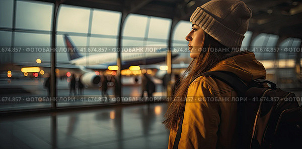 A girl in winter clothes is waiting for a flight at the airport. Generated by AI. Стоковое AI-изображение, AI-художник Ярославский Максим / Фотобанк Лори