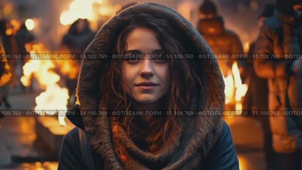 A girl is sitting on the ground among the city streets, surrounded by other people. Christmas, poverty and hunger concept. zoom in, zoom out, pan, or 360 degree shot, animate. Стоковое AI-видео, аниматор ALLA YURTAYEVA / Фотобанк Лори