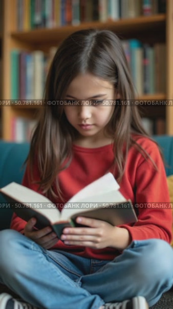 A Girl Sits on a Blue Couch in a Cozy Library, Deeply Engaged in Reading a Book. Стоковое AI-видео, аниматор Sergey Grishin / Фотобанк Лори