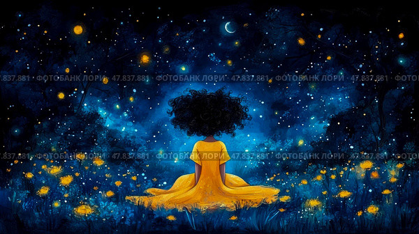 A girl wearing a yellow dress sits quietly, admiring a dazzling night sky filled with stars and a glowing crescent moon, surrounded by blooming flowers. Стоковое AI-изображение, AI-художник Данила Большаков / Фотобанк Лори
