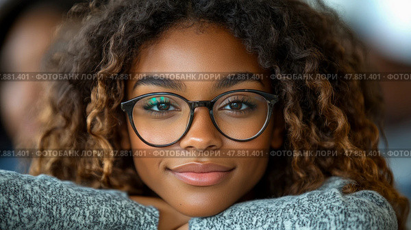A girl with curly hair and glasses smiles endearingly while sitting indoors, promoting a sense of warmth and openness in a friendly environment. Стоковое AI-изображение, AI-художник Данила Большаков / Фотобанк Лори