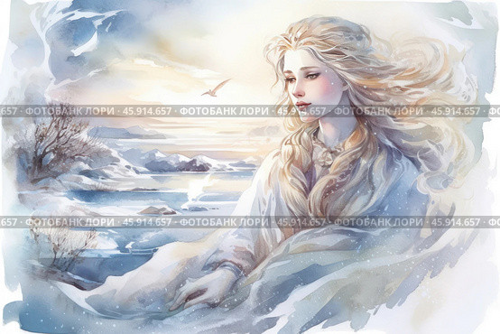 A girl with long blond hair fluttering in the wind. Her face is thoughtful and calm, her gaze directed into the distance. In the background is a snowy winter landscape: icy expanses, snow-covered mountains, and a frozen lake. The sky is painted in the gentle pastel shades of dawn or sunset, creating an atmosphere of silence and harmony. A lone bird soars in the sky, adding dynamics to the picture. The image of the girl seems ephemeral and merges with the surrounding nature, as if she is part of this winter world. The picture conveys a feeling of lightness, coldness and solitude. Стоковое AI-изображение, AI-художник Анна Кривицкая / Фотобанк Лори