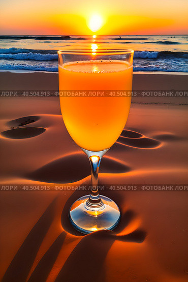 A glass of orange juice on the sea sand, small waves, romantic sunset. Стоковое AI-изображение, AI-художник Сергей Елизарьев / Фотобанк Лори