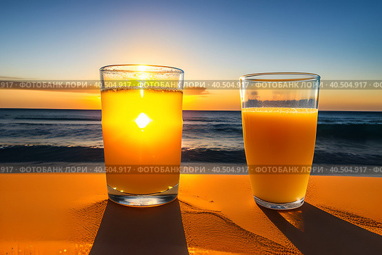 A glass of orange juice on the sea sand, small waves, romantic sunrise. Стоковое AI-изображение, AI-художник Сергей Елизарьев / Фотобанк Лори