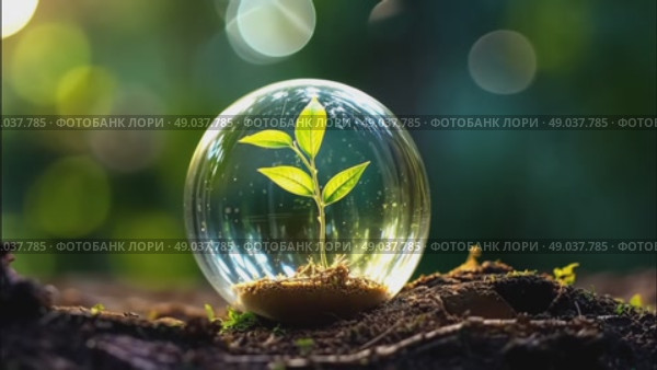 A glass sphere of pure dew drops in a forest on earth is a ball with an internal microclimate, a clean environment, protecting the ecology of the planet. AI generated. Стоковое AI-видео, аниматор Ольга Симонова / Фотобанк Лори